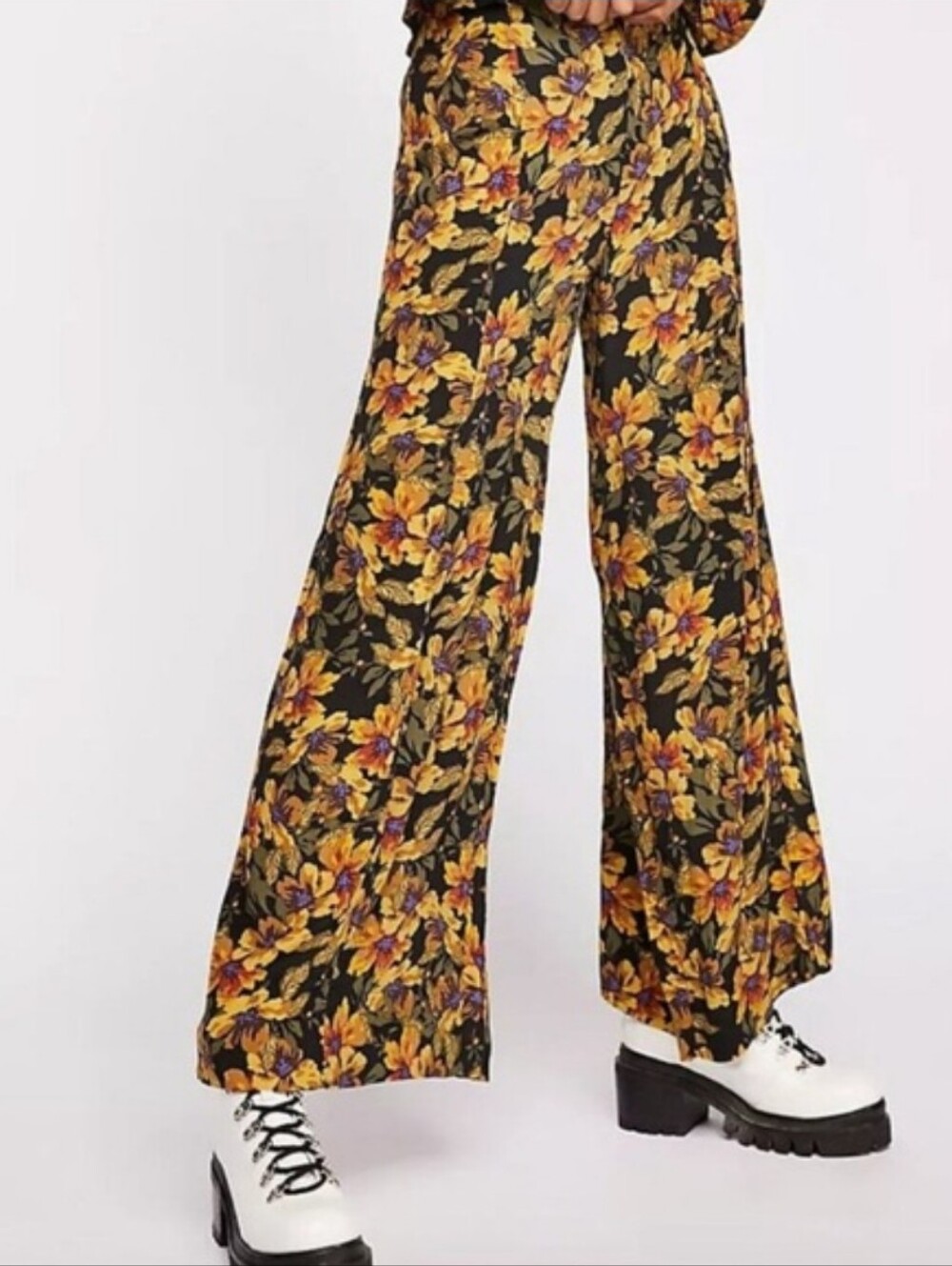Free People Love Letter Floral Wide Leg Pants Black Yellow Bohemian Flowy Size 0